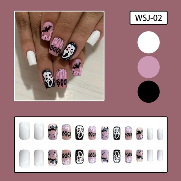 24 Pcs Halloween Press on Acrylic Nails Short Square Pink Ghost Bat Design fake - Picture 5 of 6